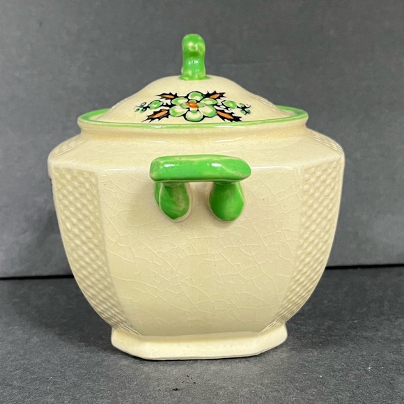 VTG Japan Tea Set Teapot Sugar Bowl Cream Pitcher Yellow Cottage Green Floral - Picture 8 of 15